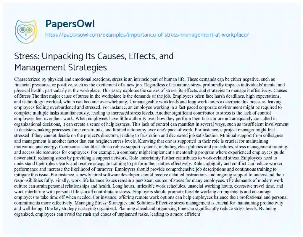 Essay on Importance of Stress Management at Workplace