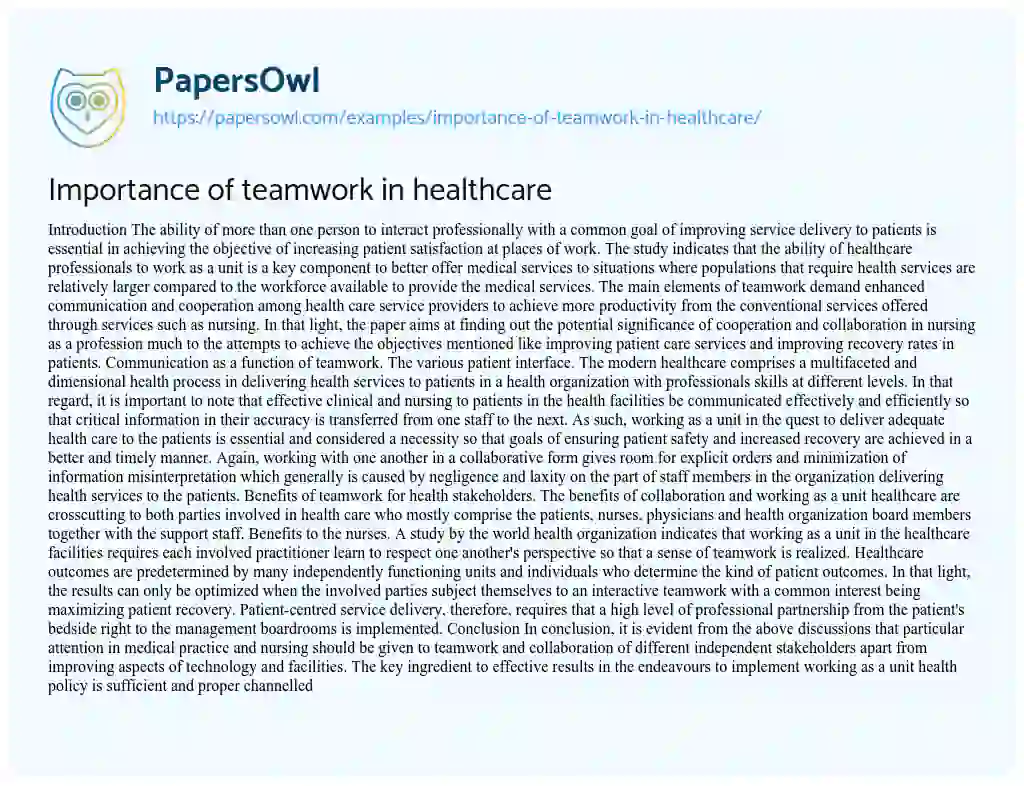 Essay on Importance of Teamwork in Healthcare