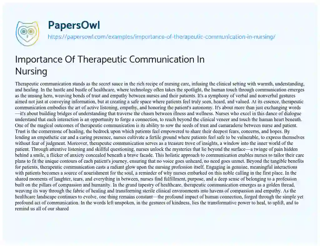 Essay on Importance of Therapeutic Communication in Nursing