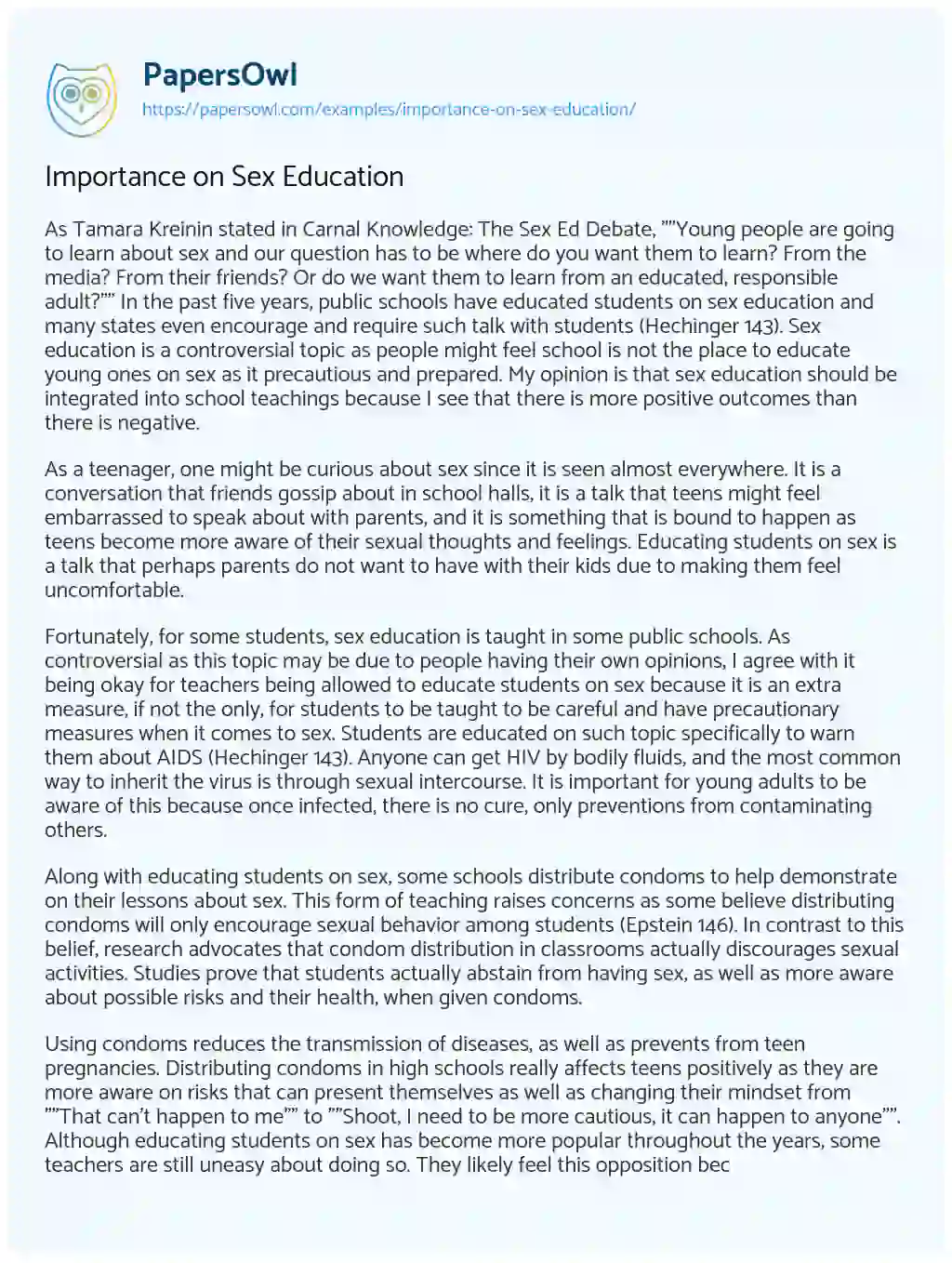 Essay on Importance on Sex Education
