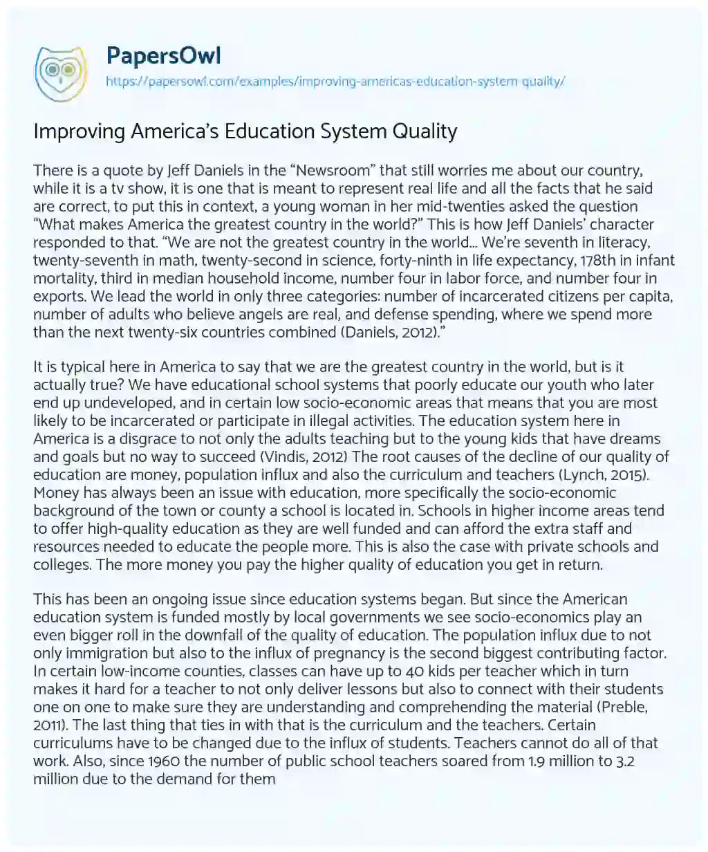 Essay on Improving America’s Education System Quality