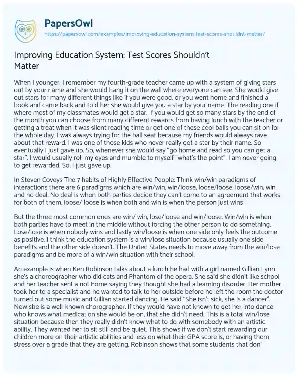 Essay on Improving Education System: Test Scores shouldn’t Matter