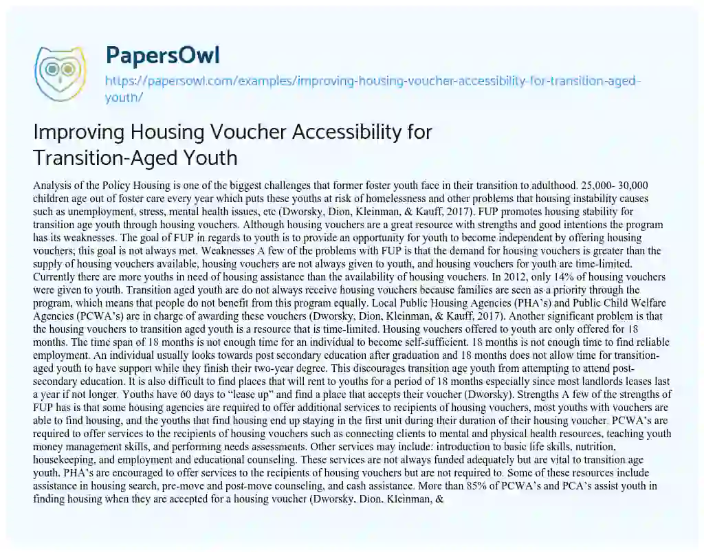 Essay on Improving Housing Voucher Accessibility for Transition-Aged Youth