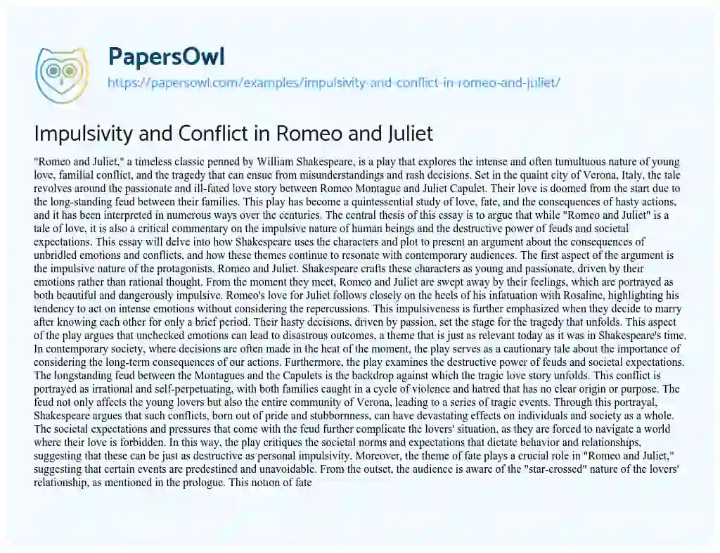 Essay on Impulsivity and Conflict in Romeo and Juliet