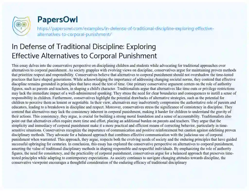 Essay on In Defense of Traditional Discipline: Exploring Effective Alternatives to Corporal Punishment