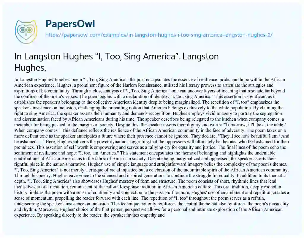 Essay on In Langston Hughes “I, Too, Sing America”. Langston Hughes,