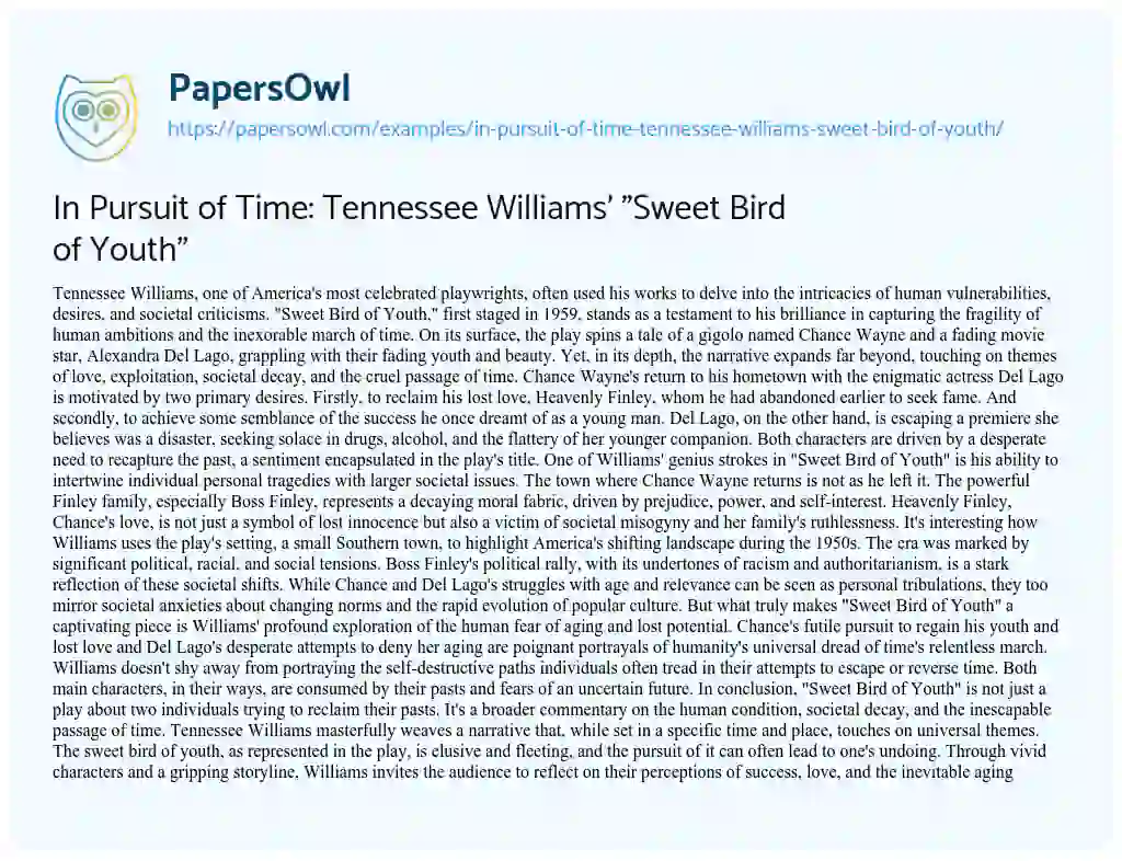 Essay on In Pursuit of Time: Tennessee Williams’ “Sweet Bird of Youth”