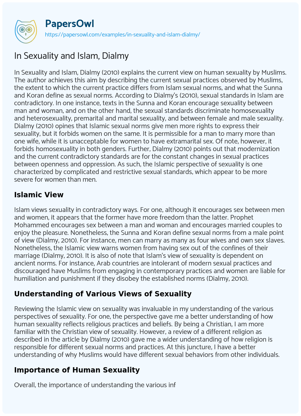 Essay on In Sexuality and Islam, Dialmy