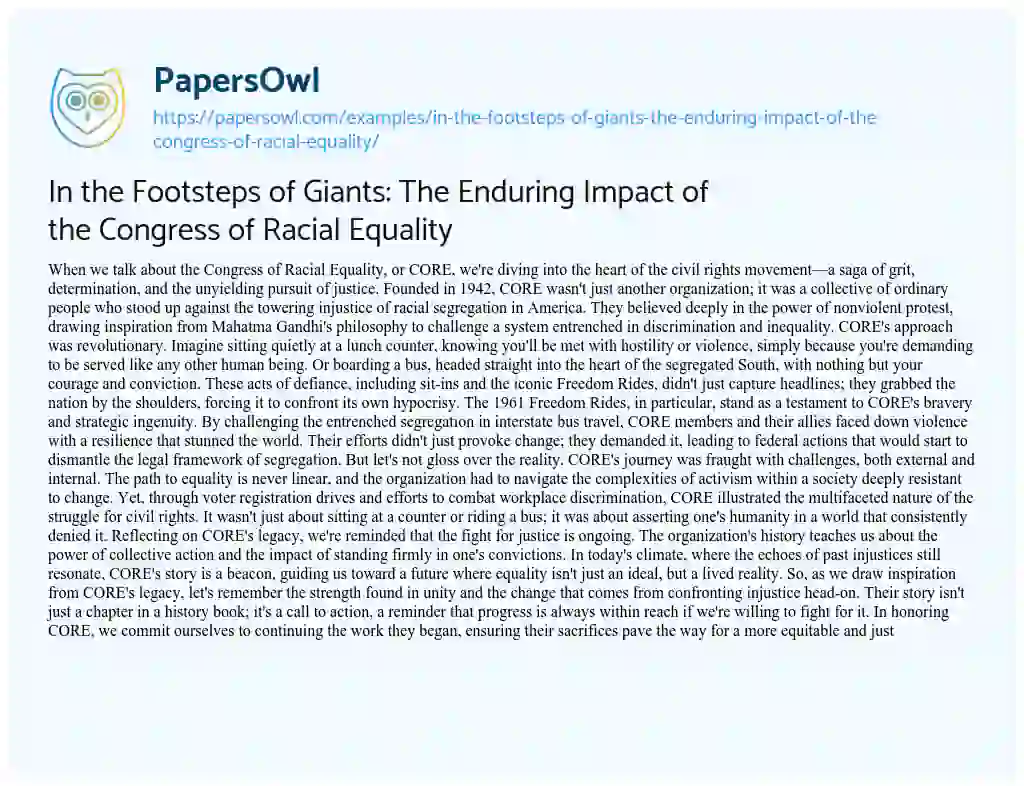 Essay on In the Footsteps of Giants: the Enduring Impact of the Congress of Racial Equality