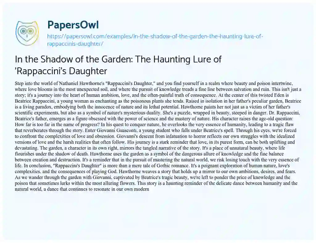 Essay on In the Shadow of the Garden: the Haunting Lure of ‘Rappaccini’s Daughter