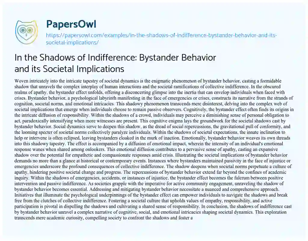 Essay on In the Shadows of Indifference: Bystander Behavior and its Societal Implications