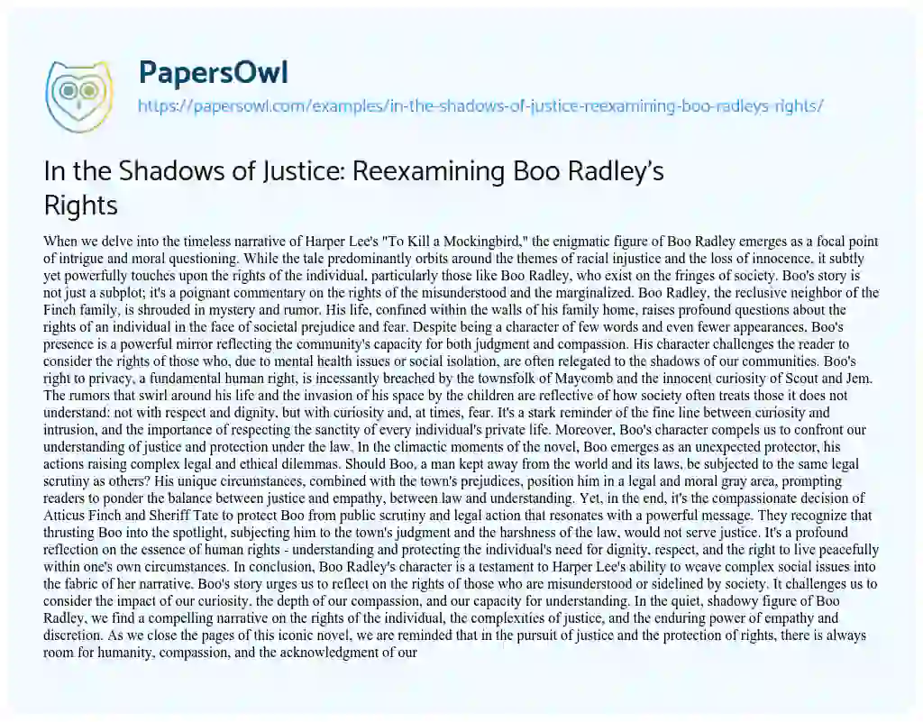 Essay on In the Shadows of Justice: Reexamining Boo Radley’s Rights
