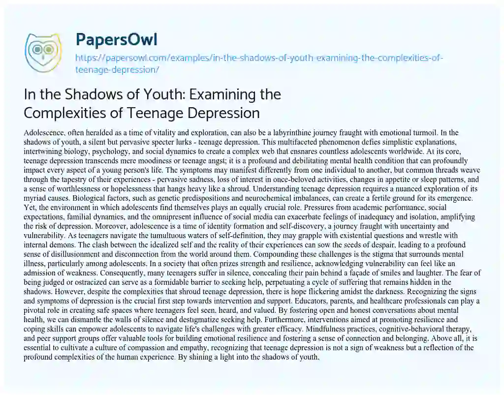 Essay on In the Shadows of Youth: Examining the Complexities of Teenage Depression