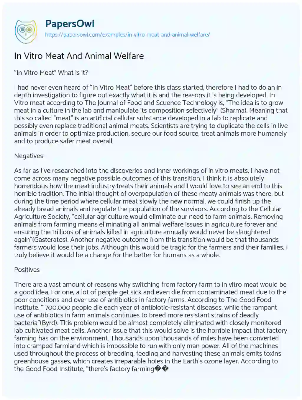 Essay on In Vitro Meat And Animal Welfare