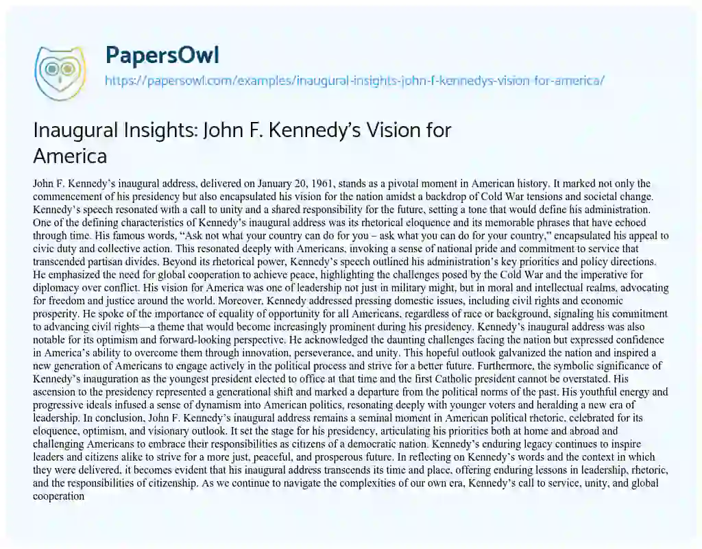 Essay on Inaugural Insights: John F. Kennedy’s Vision for America