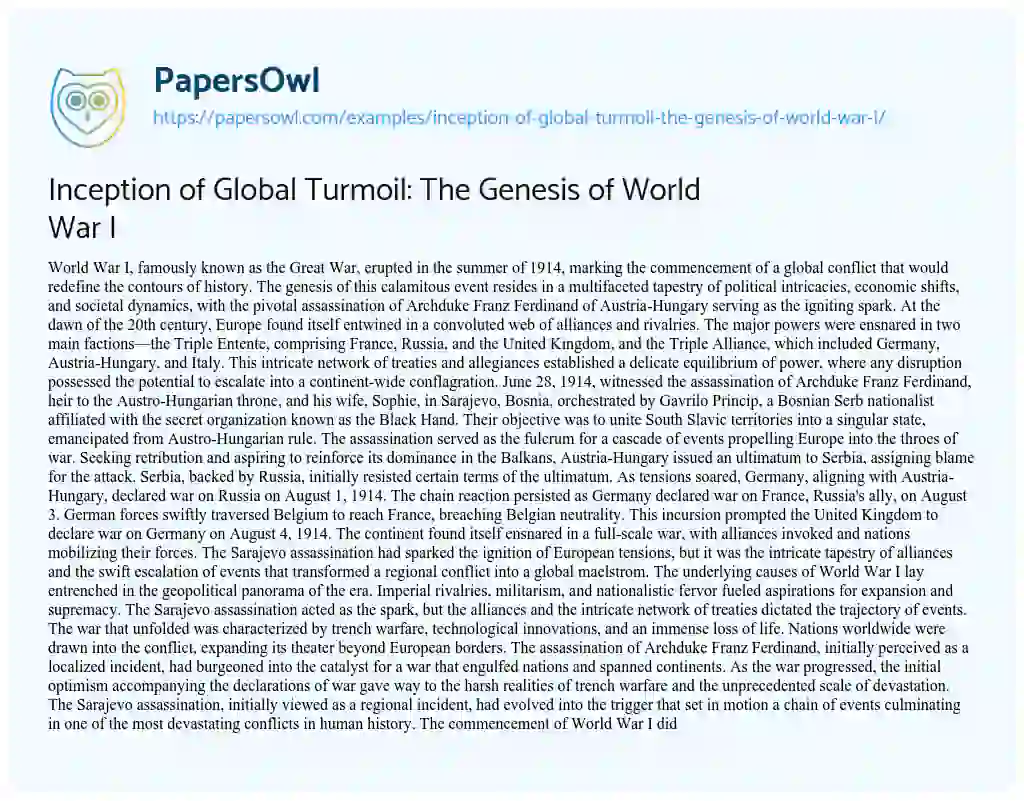 Essay on Inception of Global Turmoil: the Genesis of World War i