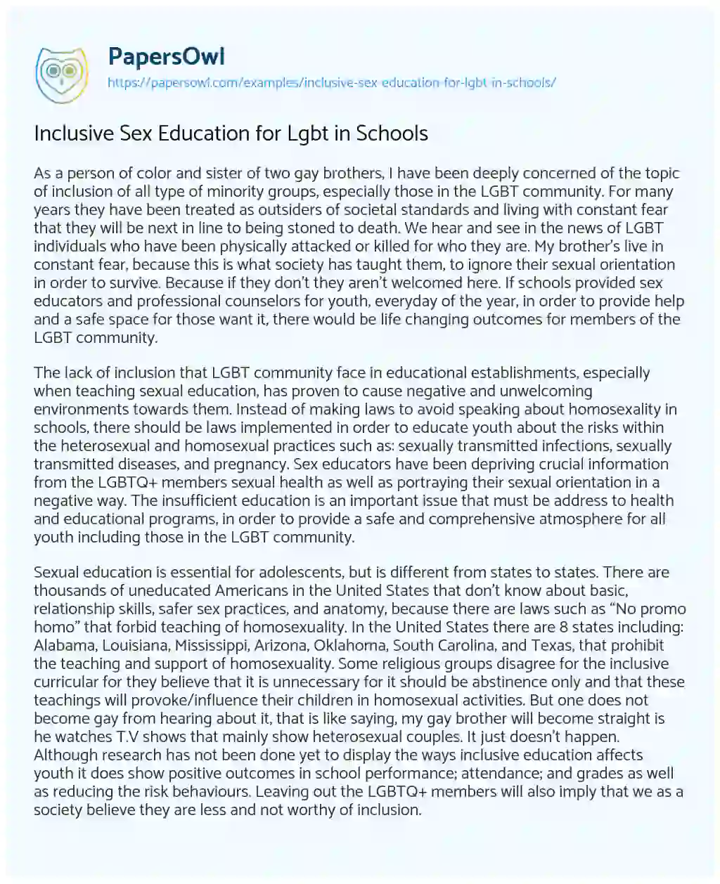 Essay on Inclusive Sex Education for Lgbt in Schools