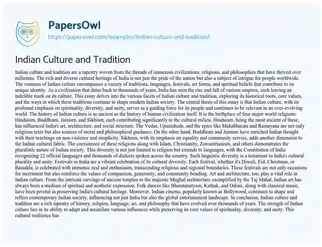 Essay on Indian Culture and Tradition