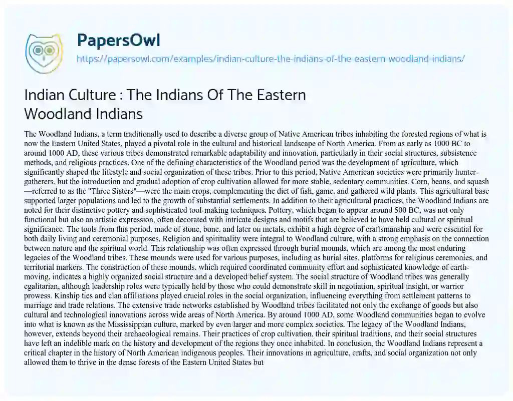 Essay on Indian Culture : the Indians of the Eastern Woodland Indians