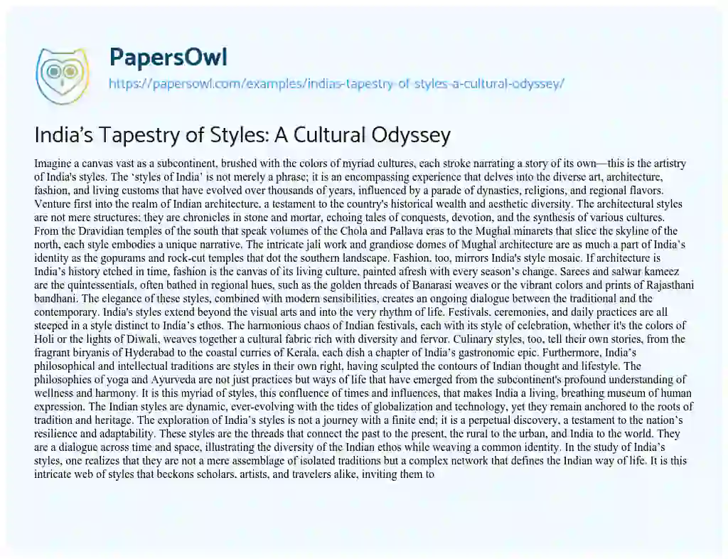 Essay on India’s Tapestry of Styles: a Cultural Odyssey