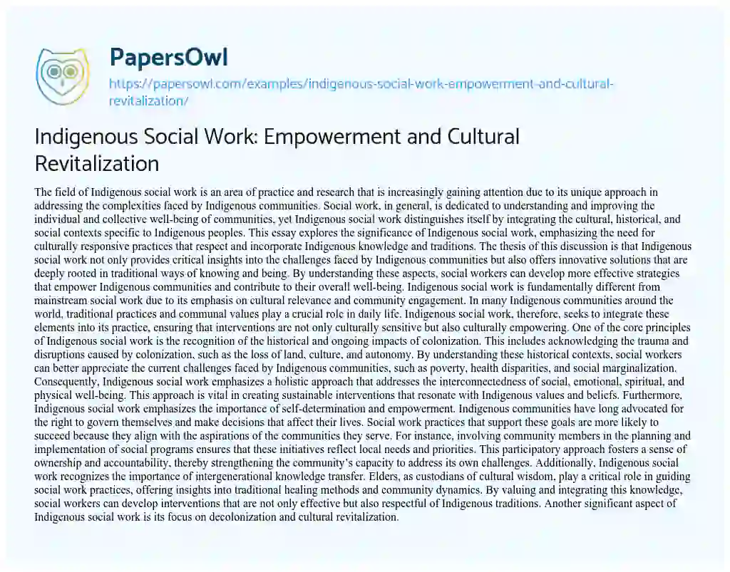 Essay on Indigenous Social Work: Empowerment and Cultural Revitalization
