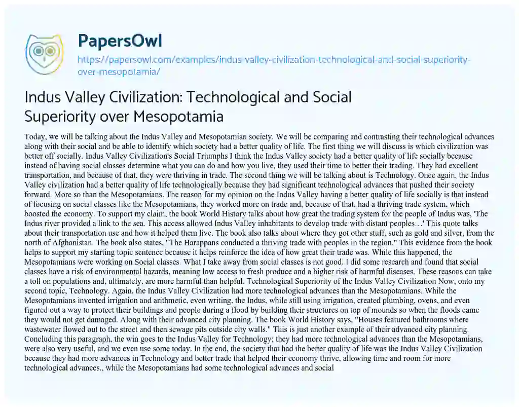 Essay on Indus Valley Civilization: Technological and Social Superiority over Mesopotamia