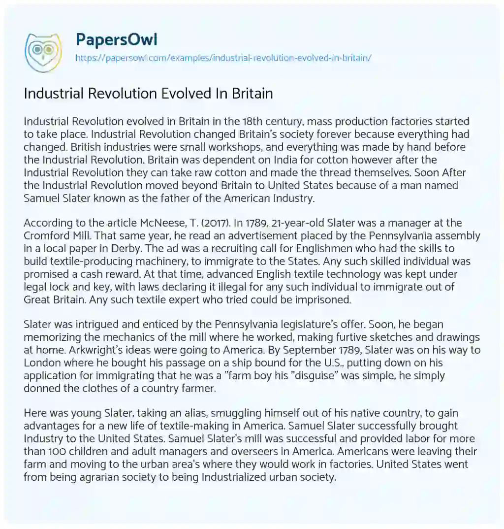 Essay on Industrial Revolution Evolved in Britain
