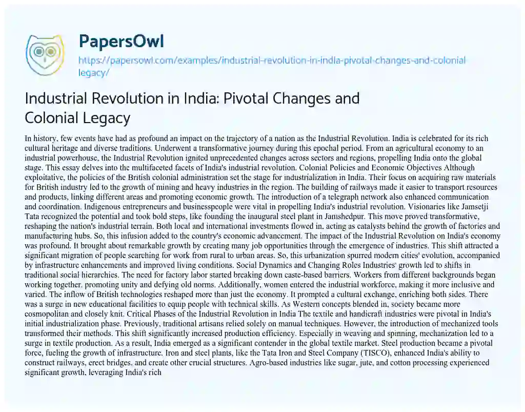 Essay on Industrial Revolution in India: Pivotal Changes and Colonial Legacy