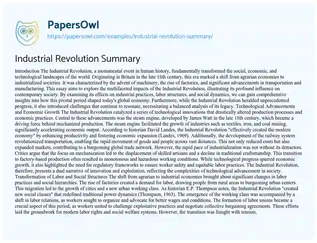 Essay on Industrial Revolution Summary