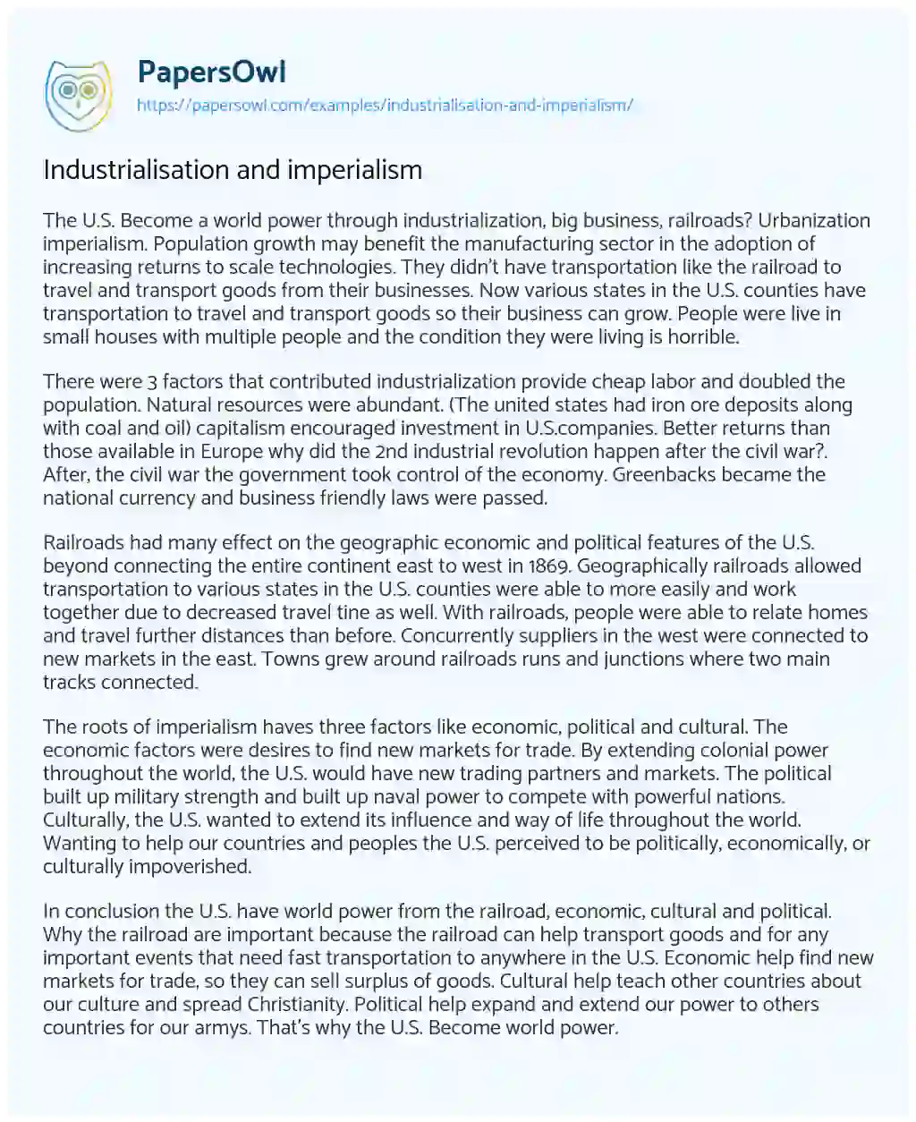 Industrialisation and Imperialism essay