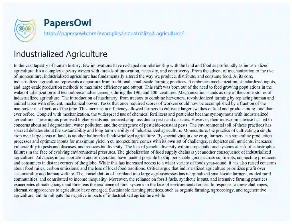 Essay on Industrialized Agriculture