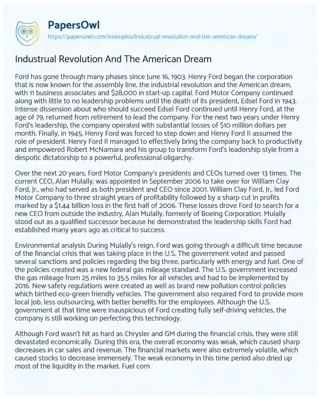 Essay on Industrual Revolution and the American Dream