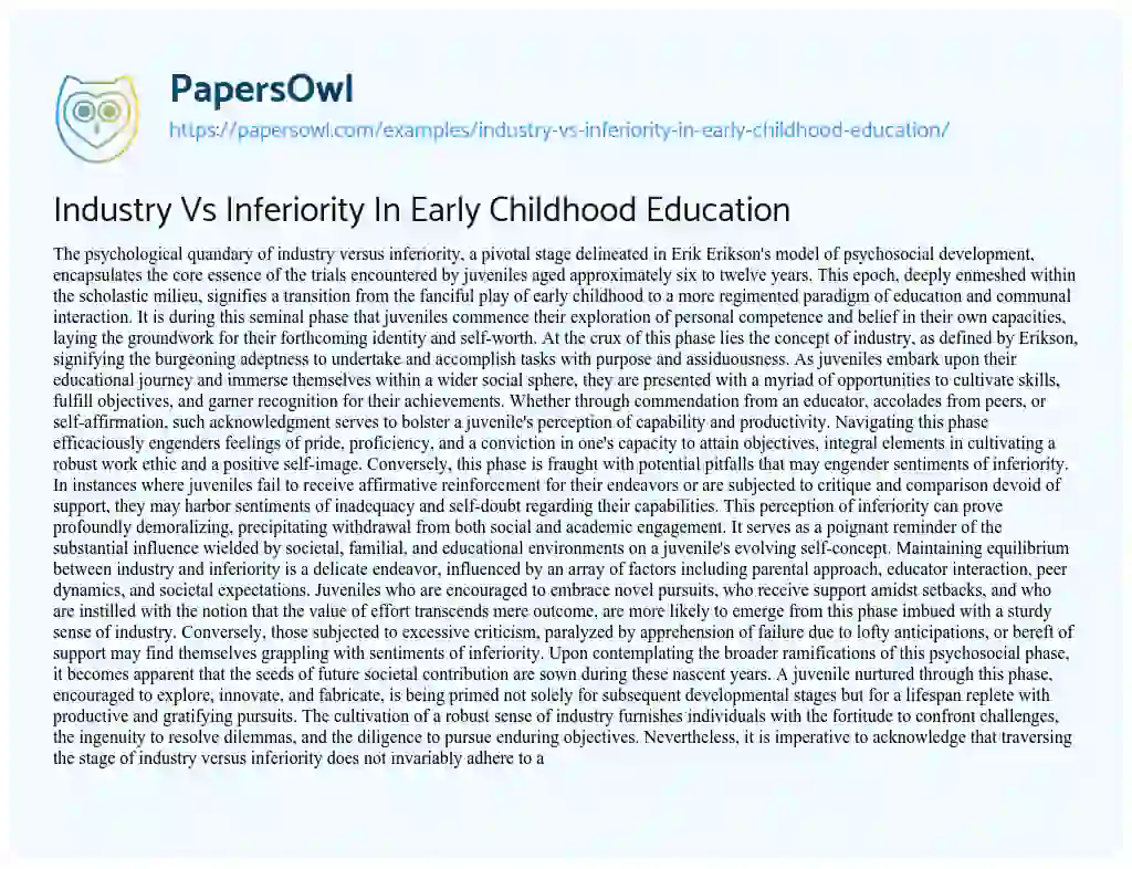 Essay on Industry Vs Inferiority in Early Childhood Education