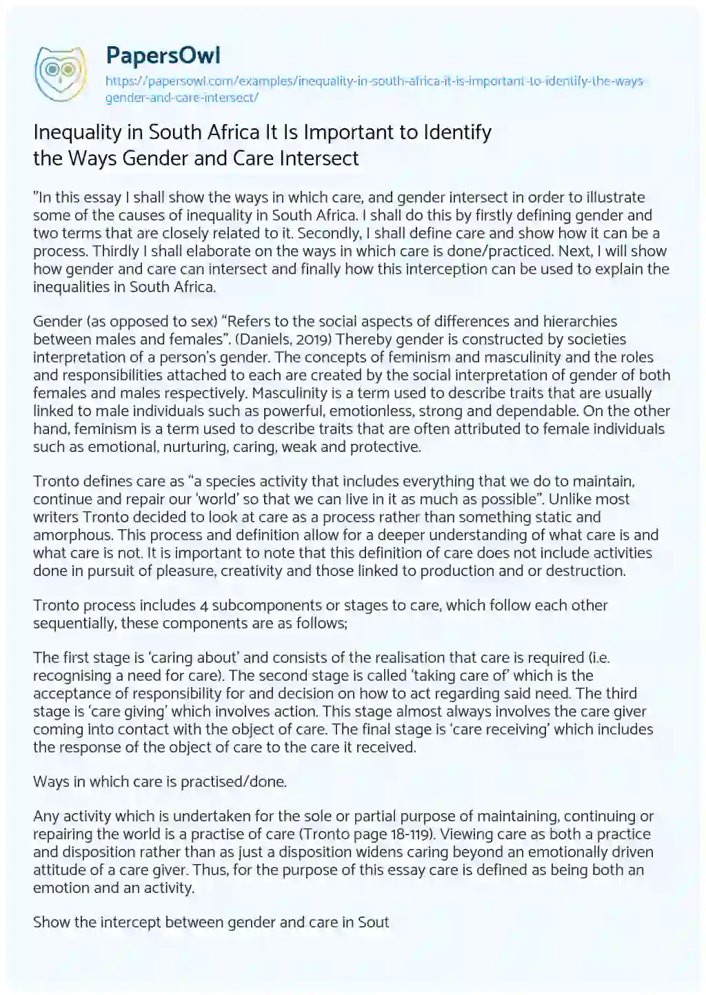 Essay on Inequality in South Africa it is Important to Identify the Ways Gender and Care Intersect