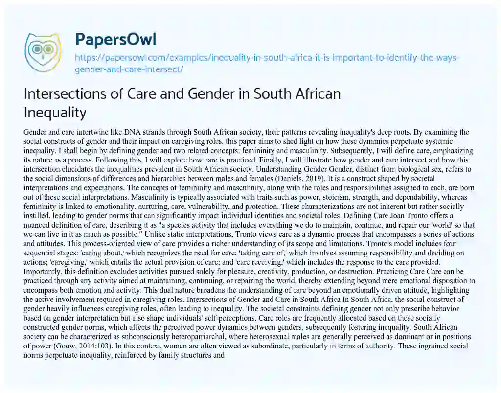 Essay on Inequality in South Africa it is Important to Identify the Ways Gender and Care Intersect