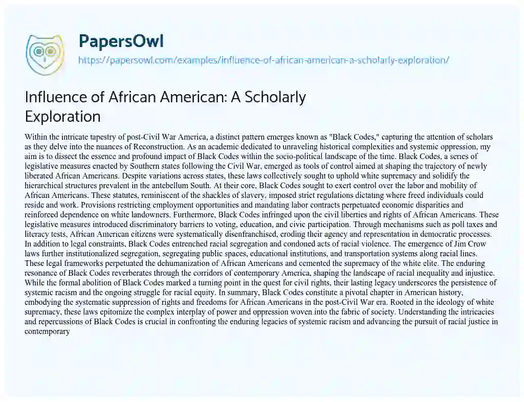 Essay on Influence of African American: a Scholarly Exploration