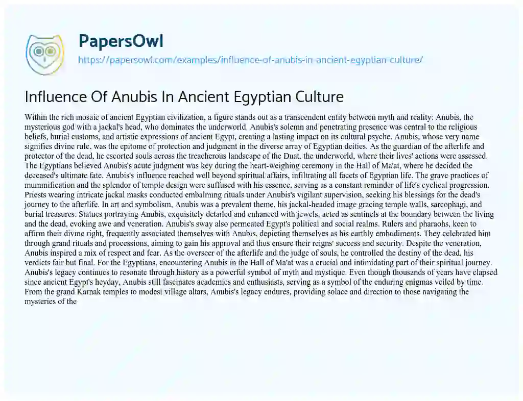 Essay on Influence of Anubis in Ancient Egyptian Culture
