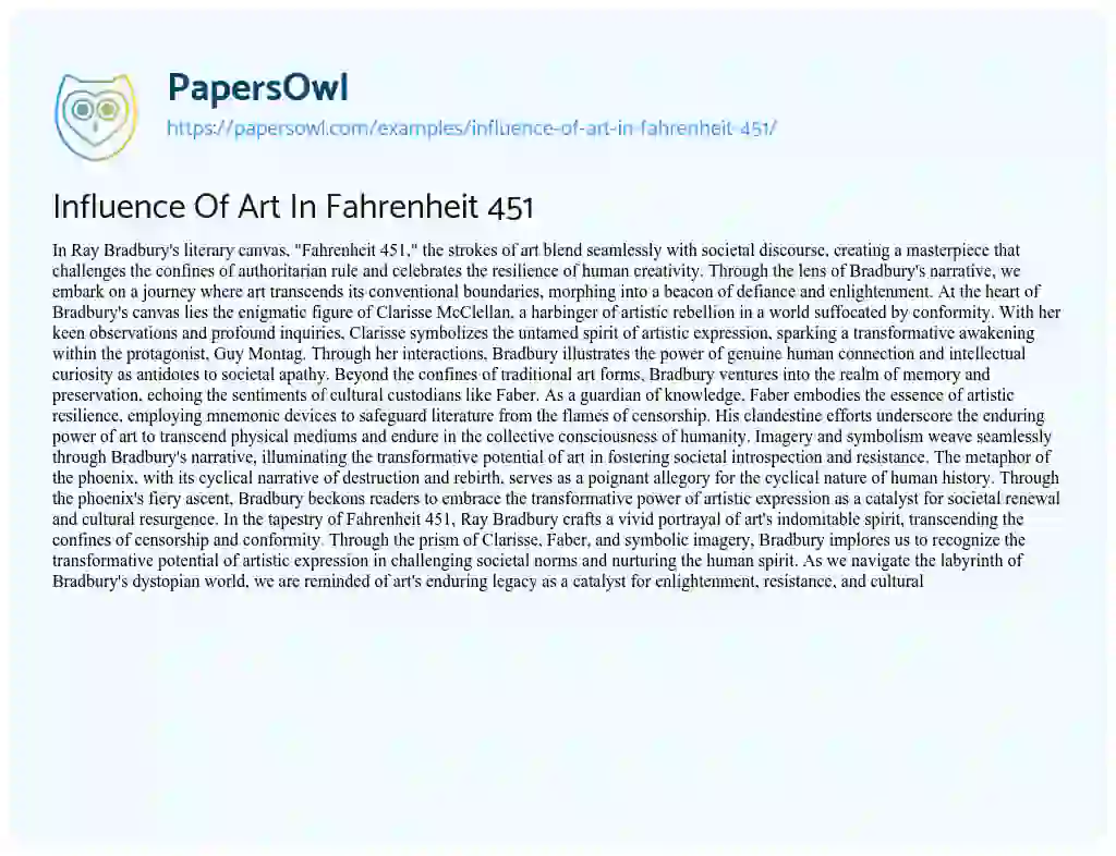 Essay on Influence of Art in Fahrenheit 451