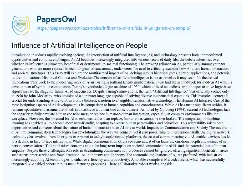 Essay on Influence of Artificial Intelligence on People