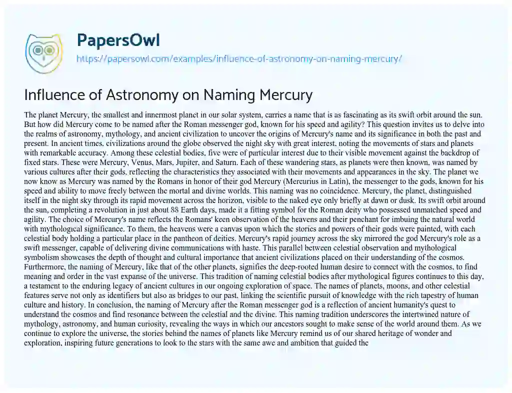 Essay on Influence of Astronomy on Naming Mercury
