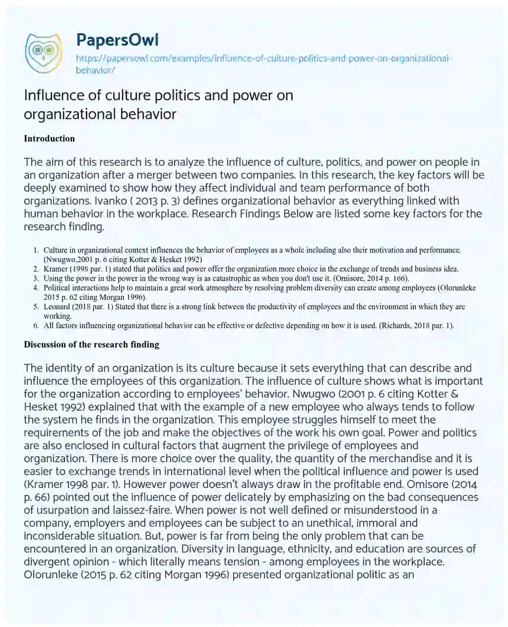 Essay on Influence of Culture Politics and Power on Organizational Behavior