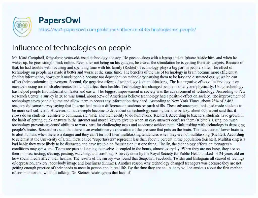 Essay on Influence of Technologies on People