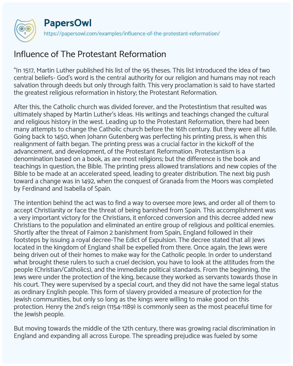 Essay on Influence of the Protestant Reformation