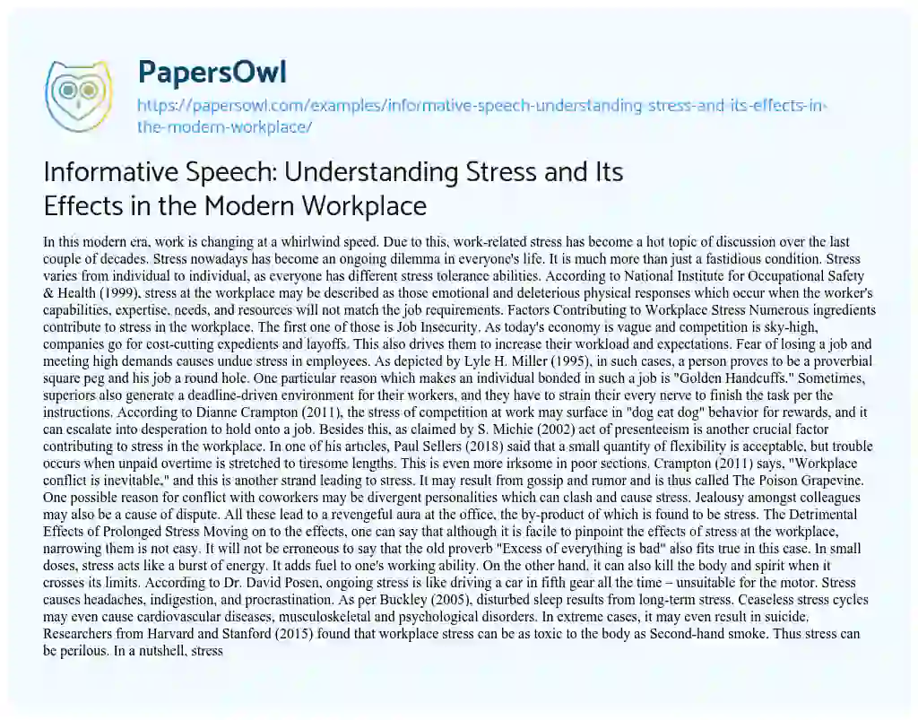 Essay on Informative Speech: Understanding Stress and its Effects in the Modern Workplace