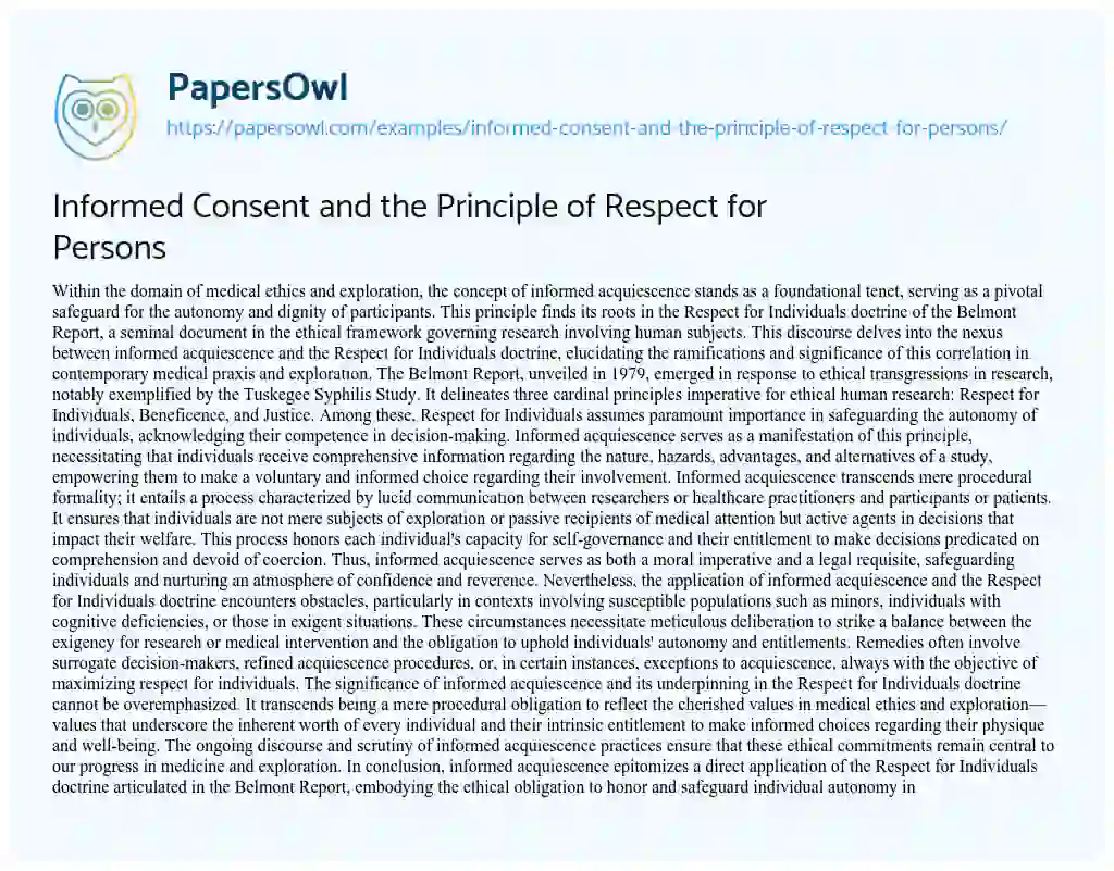 Essay on Informed Consent and the Principle of Respect for Persons