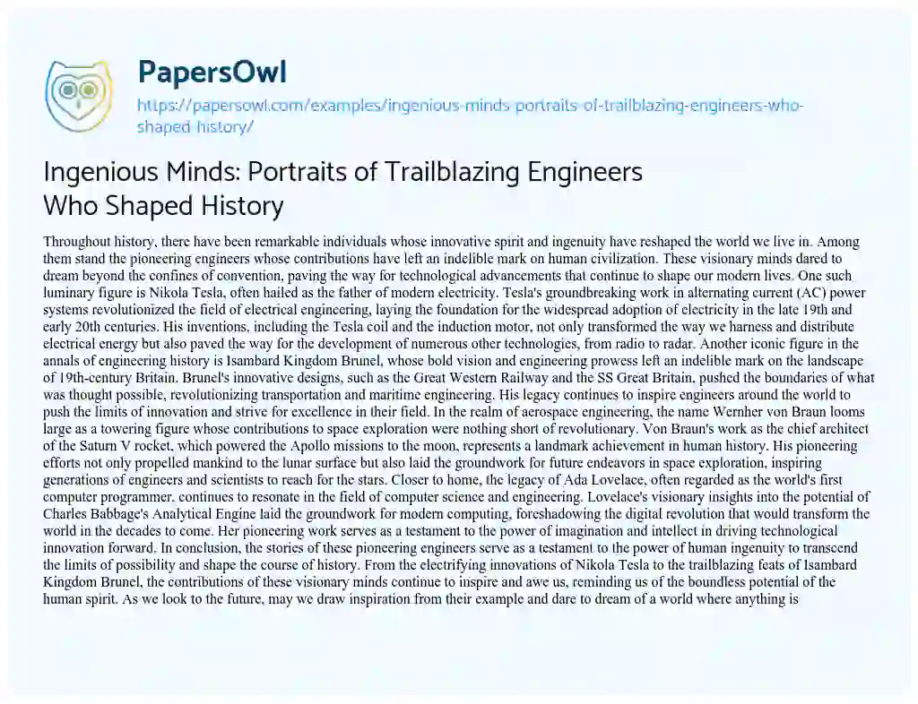 Essay on Ingenious Minds: Portraits of Trailblazing Engineers who Shaped History