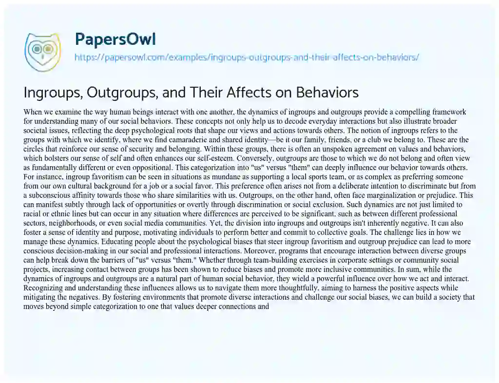 Essay on Ingroups, Outgroups, and their Affects on Behaviors
