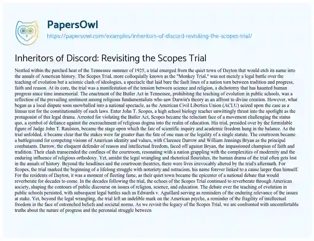 Essay on Inheritors of Discord: Revisiting the Scopes Trial