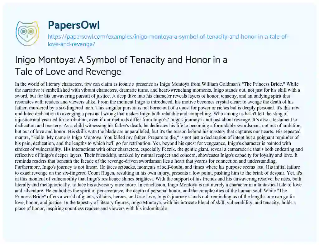 Essay on Inigo Montoya: a Symbol of Tenacity and Honor in a Tale of Love and Revenge