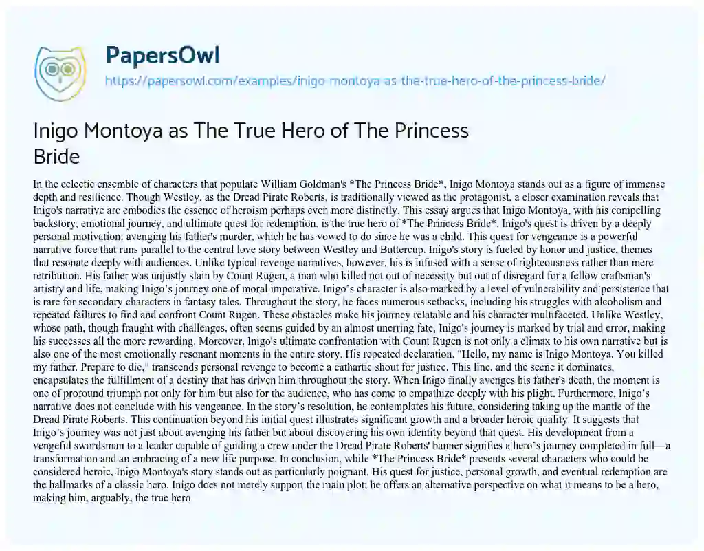 Essay on Inigo Montoya as the True Hero of the Princess Bride